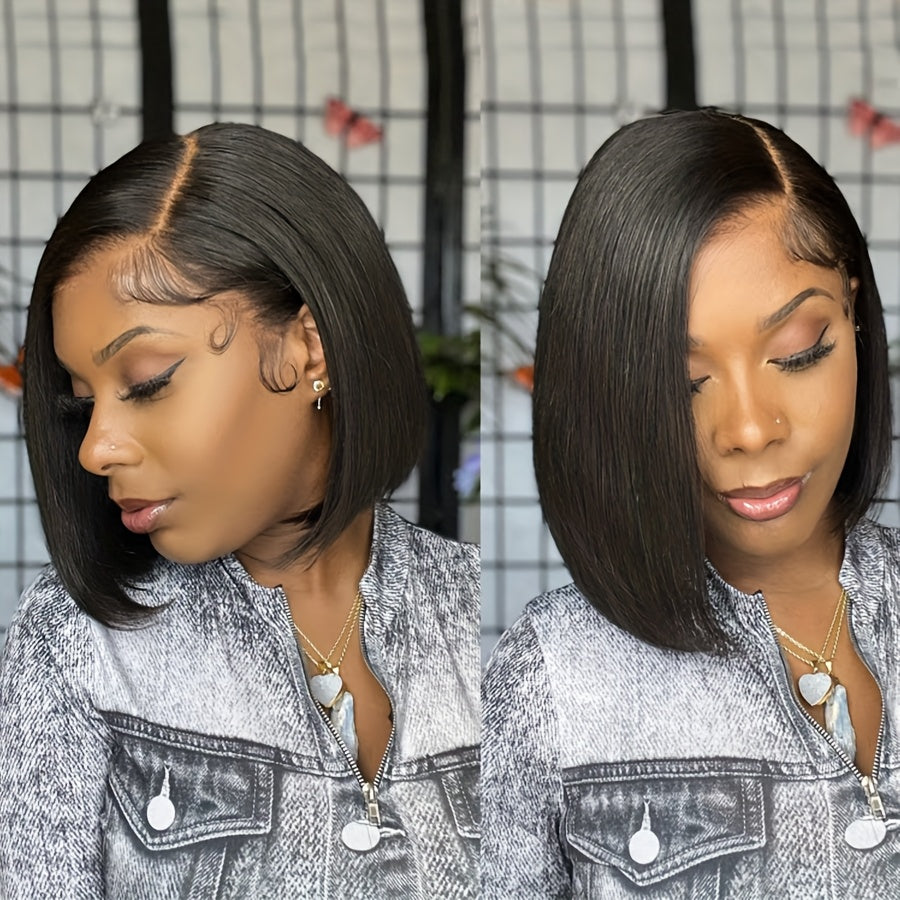 Glueless 13x4 Lace Frontal Wig Brazilian Human Hair Straight Bob Cut 150% Density Preplucked Natural Hairline & Bangs No Maintenance Elegant Wigs for Women All Ethnicities Every Occasion, Hair Wig, Versatile Hairpiece, Sleek